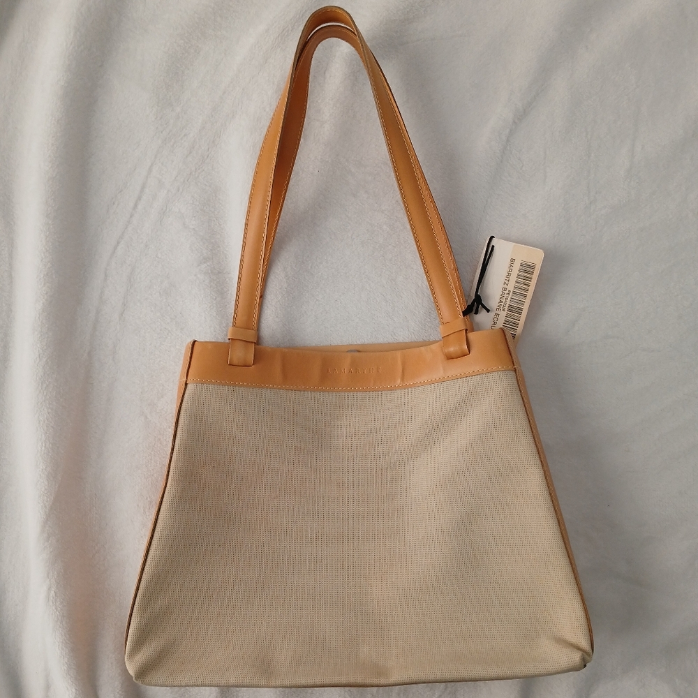 Lamarthe Paris Canvas Tote Shoulder Bag Snap Closure Cream And Orange